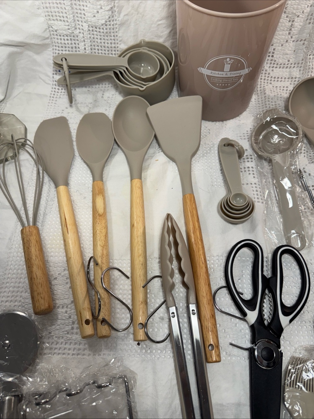 Neutral Beige Silicone & Wood Kitchen Utensil Set with Holder - 36 Piece - Picture 3 of 5